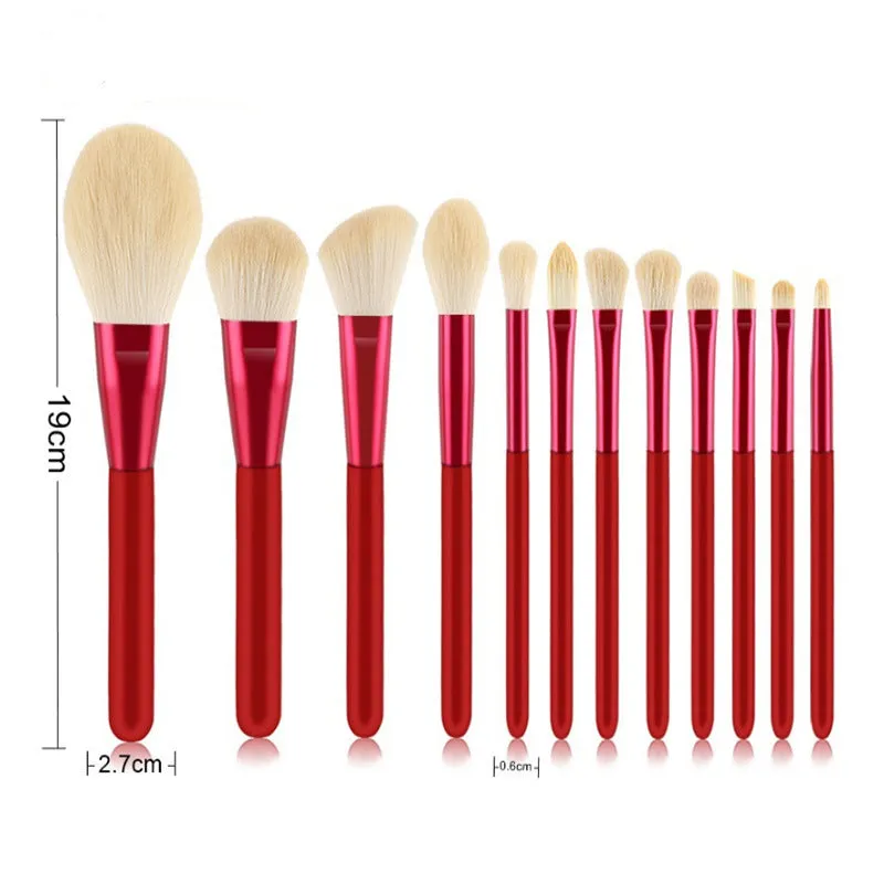 12 PCs Red Wooden Handle Makeup Brush Set Face Powder Beauty Tools