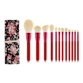 12 PCs Red Wooden Handle Makeup Brush Set Face Powder Beauty Tools