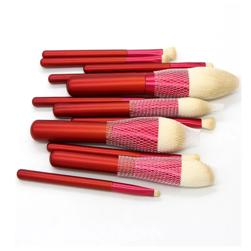 12 PCs Red Wooden Handle Makeup Brush Set Face Powder Beauty Tools