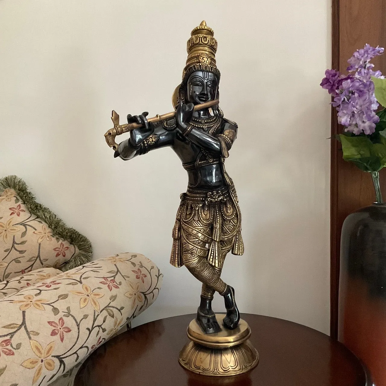 23 Inches Lord Krishna Brass Idol Statue In Dual Finish - Decorative Figurine