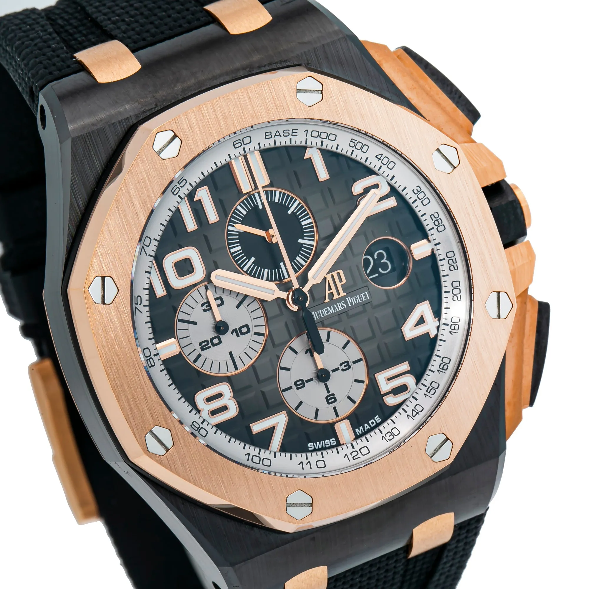 Audemars Piguet Royal Oak Offshore Selfwinding Chronograph/ Stainless Steel/ Black Dial/ White Sub-Dial/ Rose Gold Bezel (Ref#26405NR.OO.A002CA.01)