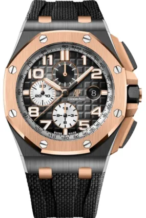 Audemars Piguet Royal Oak Offshore Selfwinding Chronograph/ Stainless Steel/ Black Dial/ White Sub-Dial/ Rose Gold Bezel (Ref#26405NR.OO.A002CA.01)