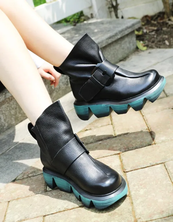 Autumn Retro Leather Buckle Gear Sole Short Boots