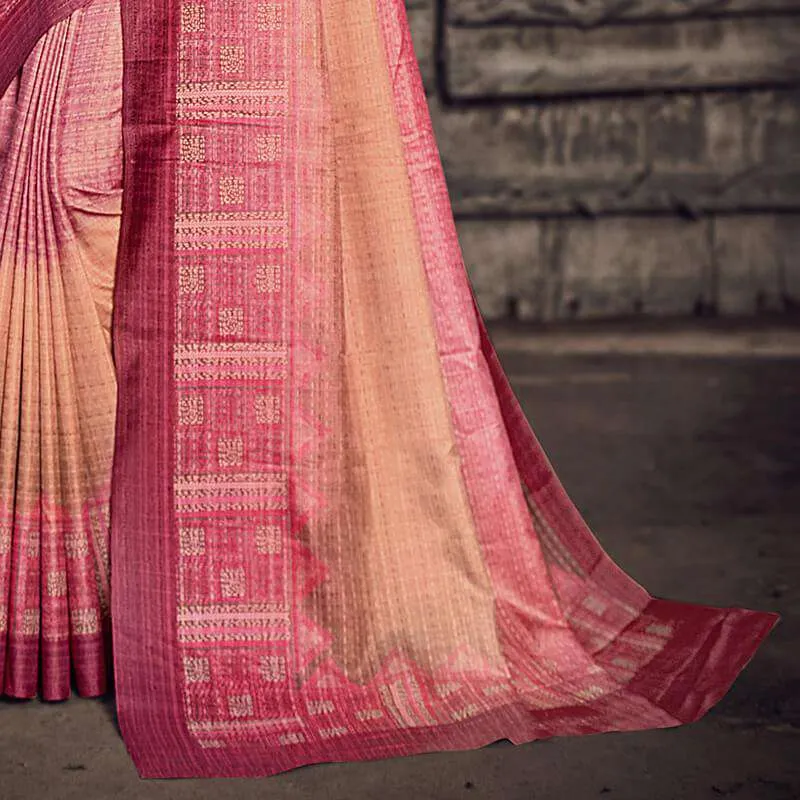 Beige And Rouge Pink Kantha Pattern Digital Printed Art Tussar Silk Saree With Tassels