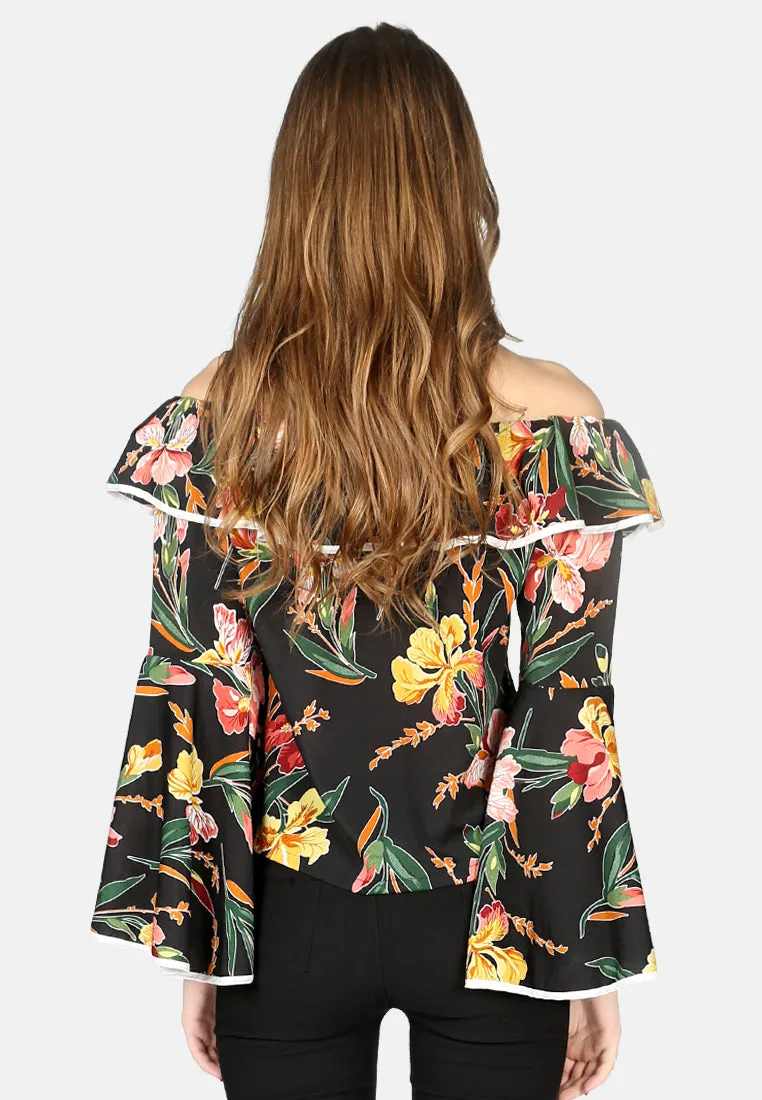 Black Floral Print Off Shoulder Top