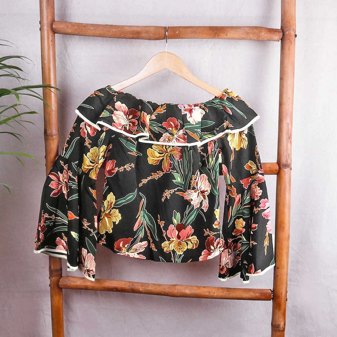 Black Floral Print Off Shoulder Top