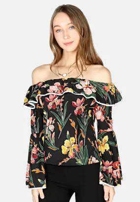 Black Floral Print Off Shoulder Top