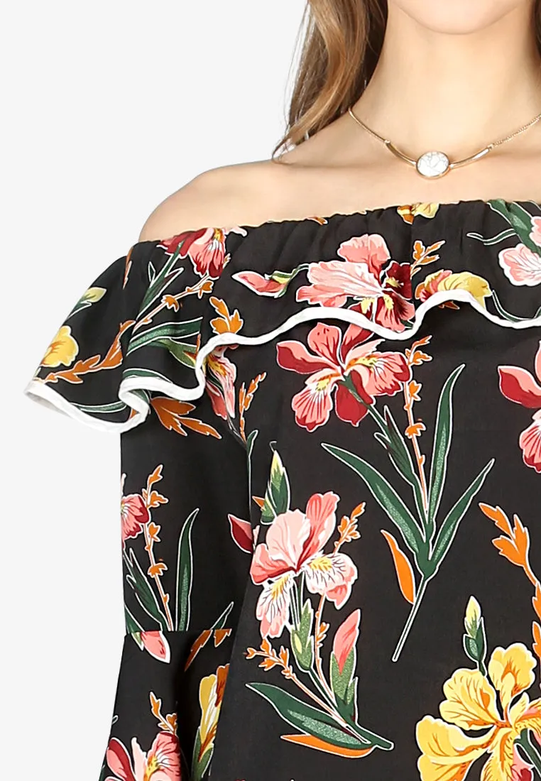 Black Floral Print Off Shoulder Top