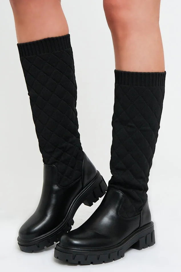 Black Quilted Detail Knee High Boots - Bethsy