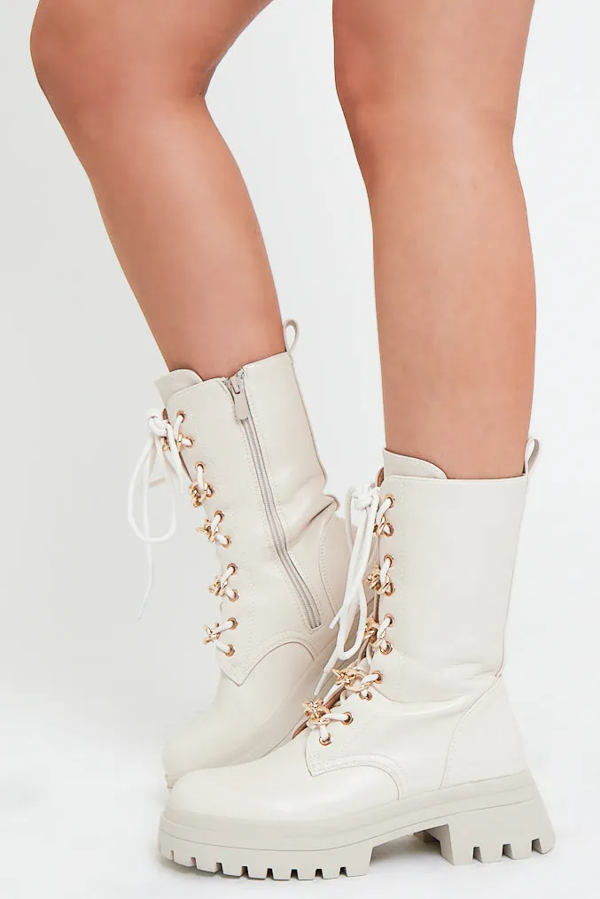 Cream Chain Detail Faux Leather Boots - Niska