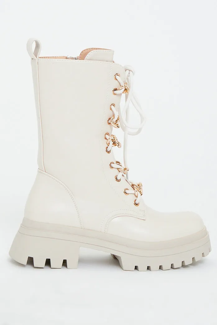 Cream Chain Detail Faux Leather Boots - Niska