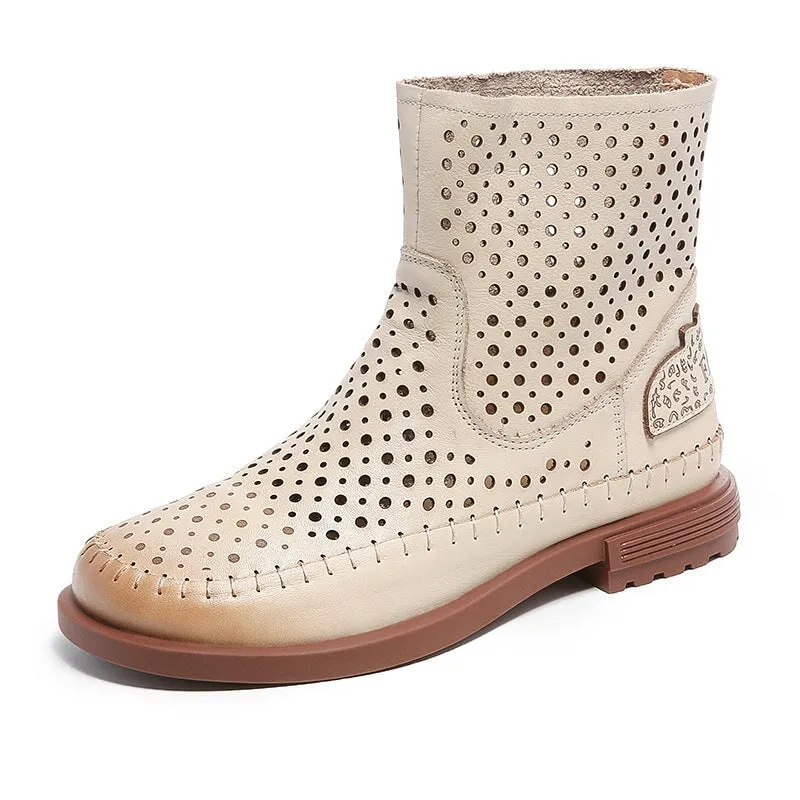 Cut Out Summer Boots Breathable Perforated Short Boots in Apricot/Coffee