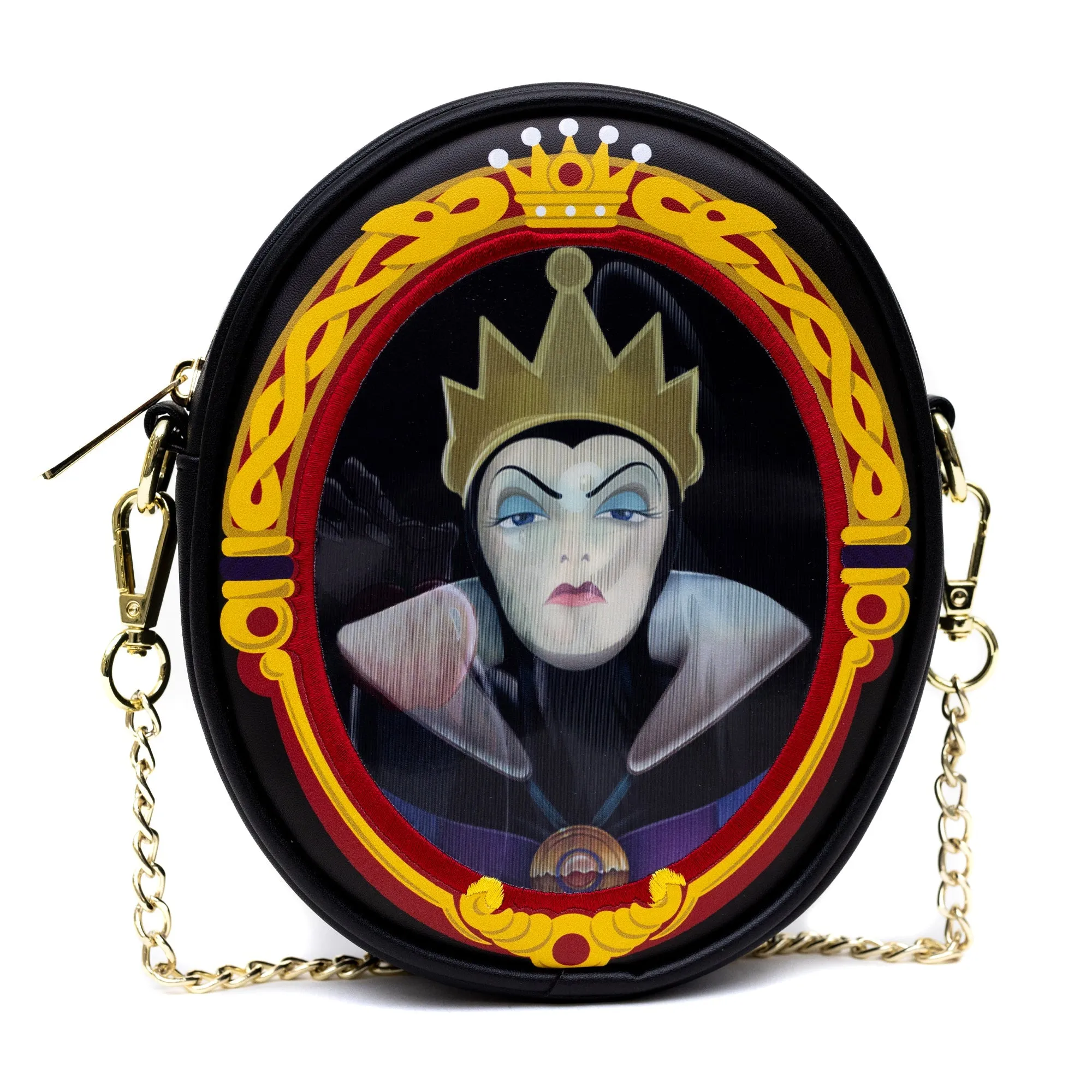 Disney Bag, Oval Crossbody, Snow White Old Hag and Evil Queen Villains Lenticular Portrait, Black, Vegan Leather by Buckle-Down