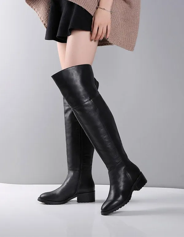 Genuine Leather Elegant Black Knee High Boots