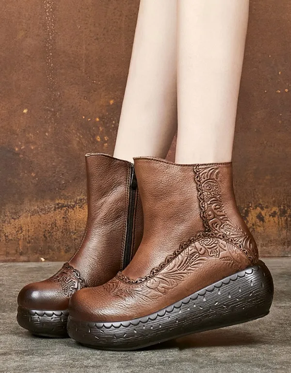 Handmade Vintage Retro Leather Wedge Boots