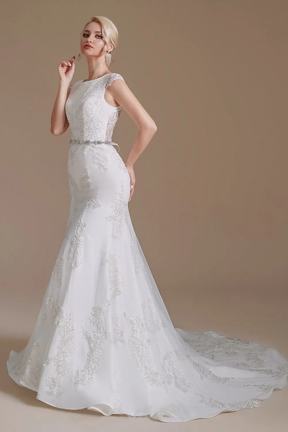 Mermaid Appliques Tulle Chapel Train Wedding Dress With Belt