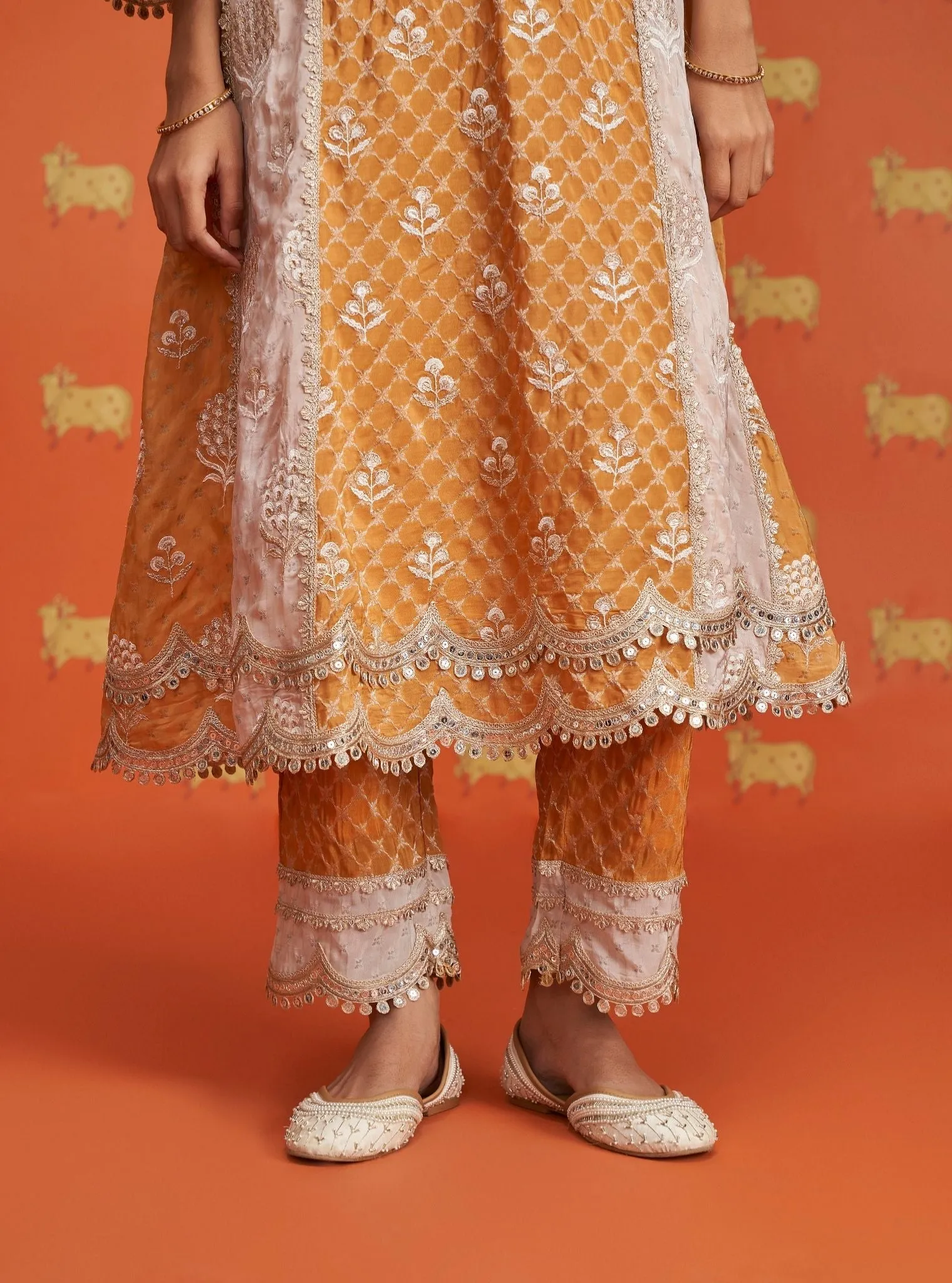 Mulmul Banarsi Kairee Mustard Kurta With Mulmul Banarsi Kairee Mustard Pant