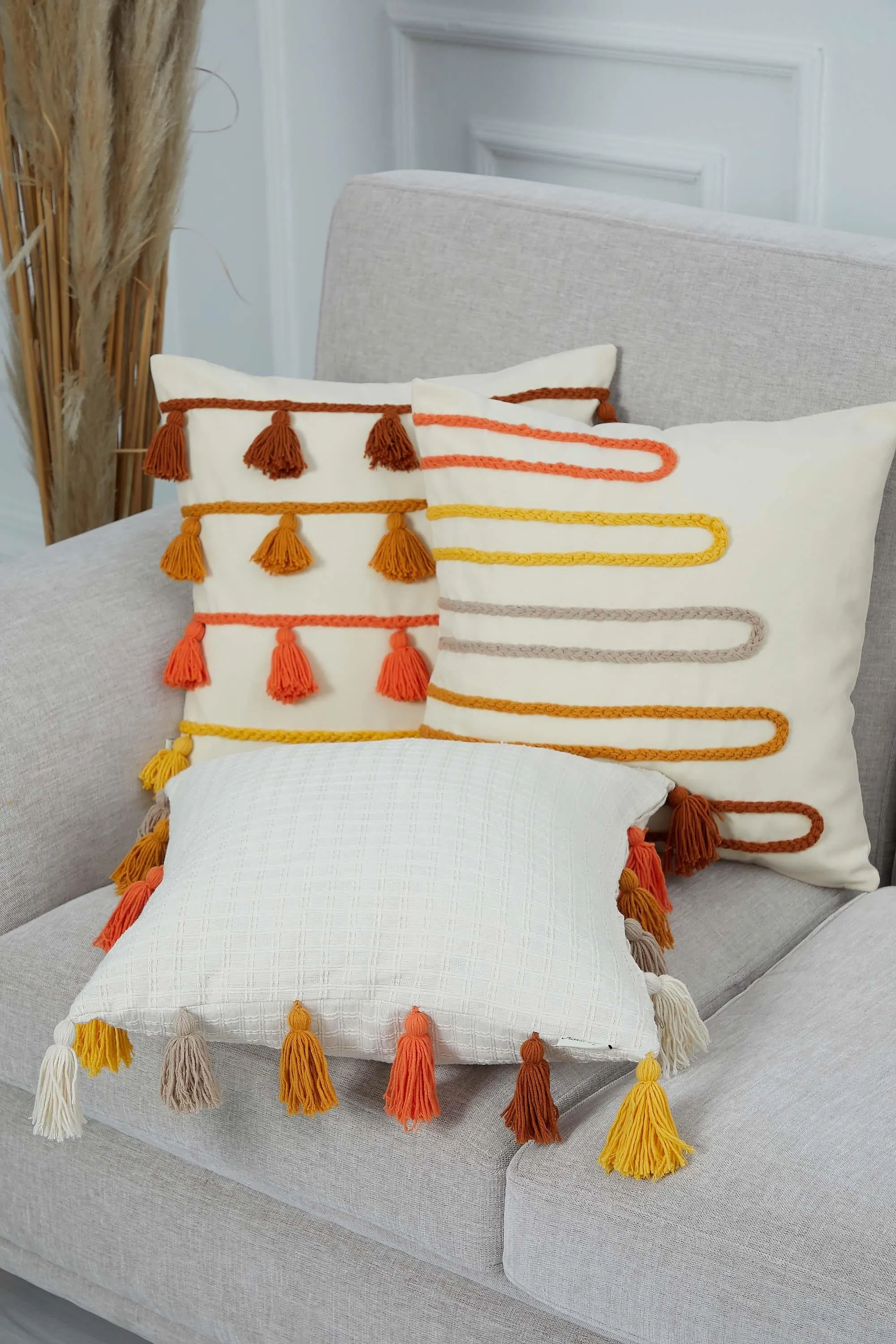 Solid Throw Pillow Cover with Colourful Tassels, 18x18 Inches Chic Cushion Cover with Many Tassels, Decorative Pillow for Modern Homes,K-284