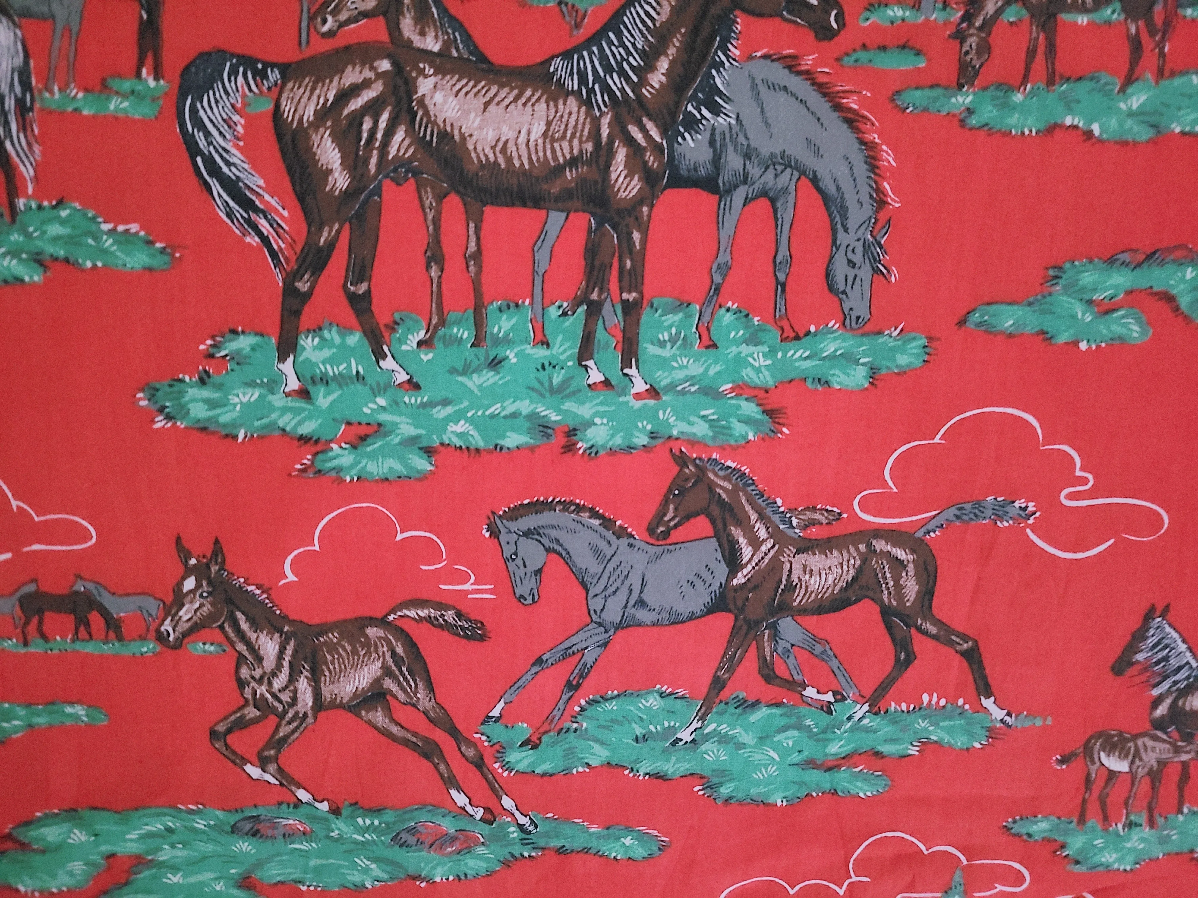 Vintage Fabric - Cotton - Horses - Fabric Remnant - VCW129